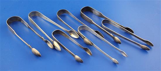 Seven pairs of mainly 19th century silver sugar tong, including pair by Hester Bateman, 8.5 oz.
